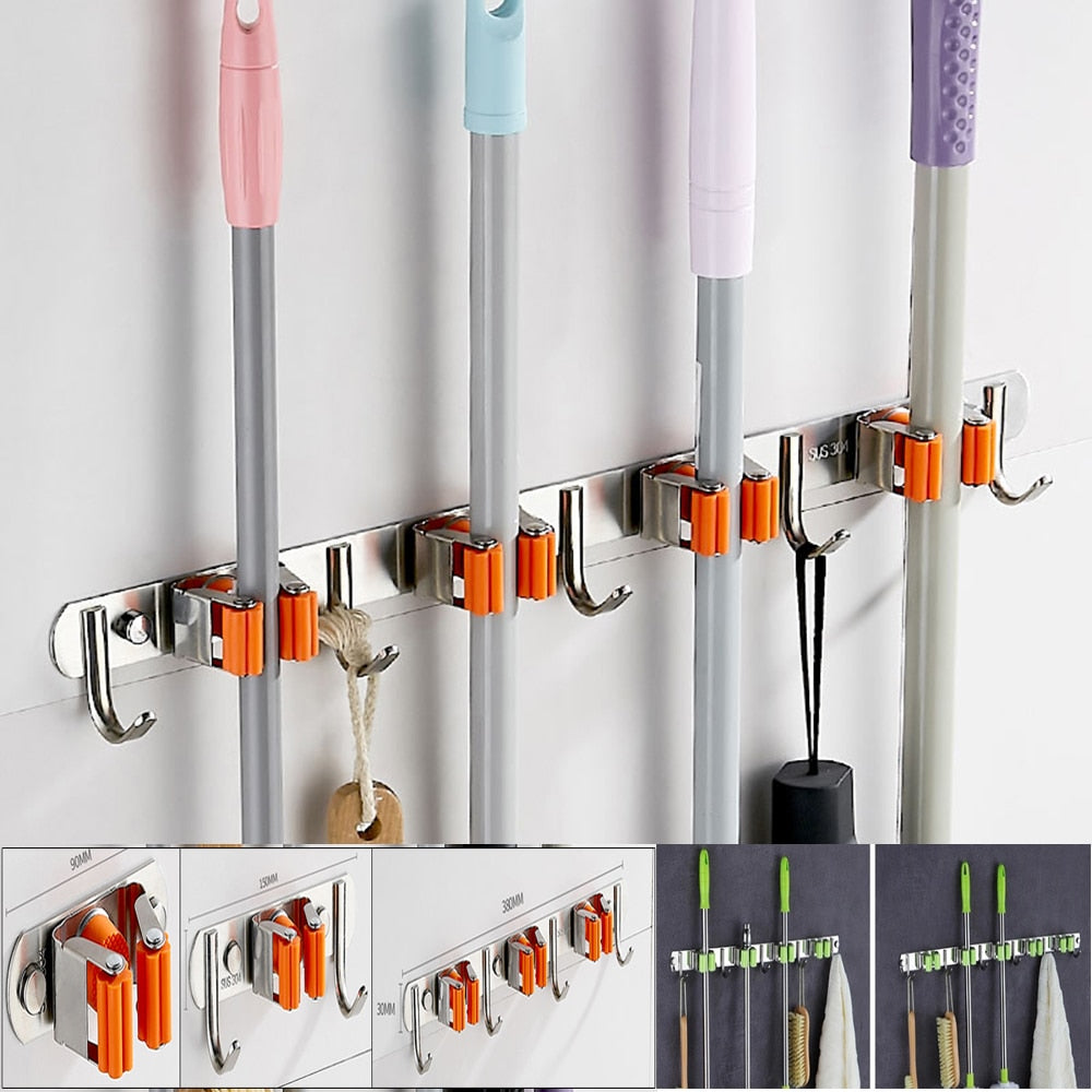 Wall-Mounted Broom and Mop Hook Storage Rack