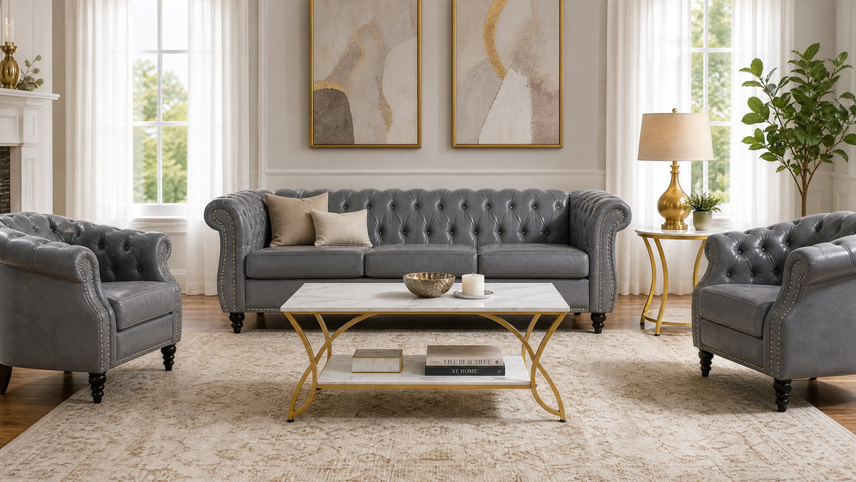 Rolled Arm Chesterfield 3-Seater Sofa — Grey PU Leather