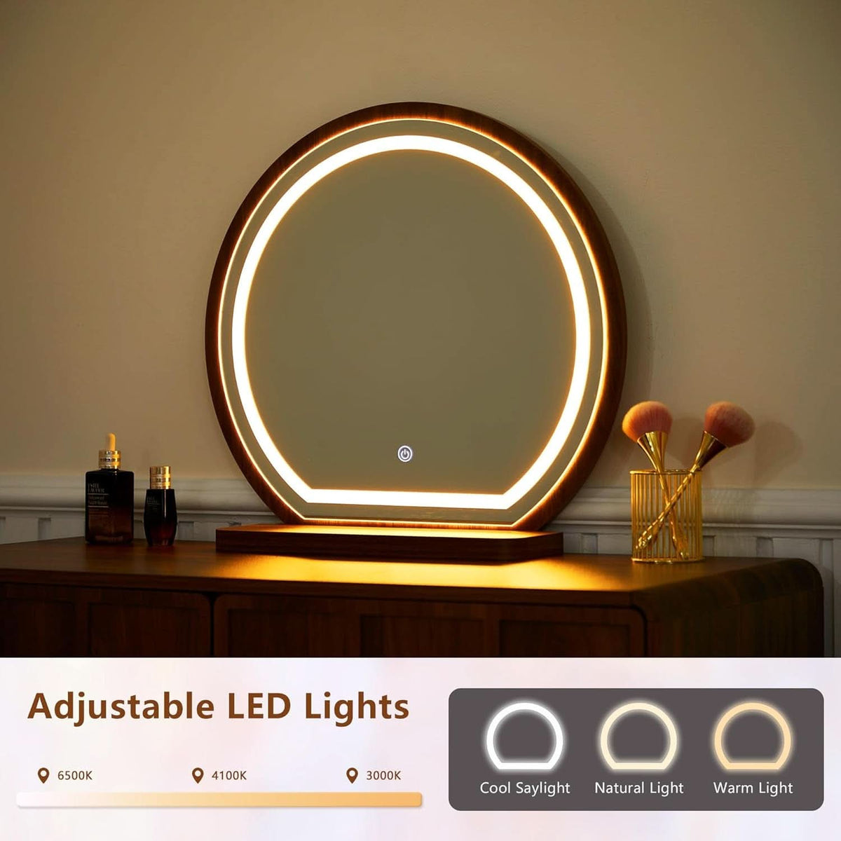 Walnut Wave Vanity Set with LED Mirror, Drawers & Cushioned Bench