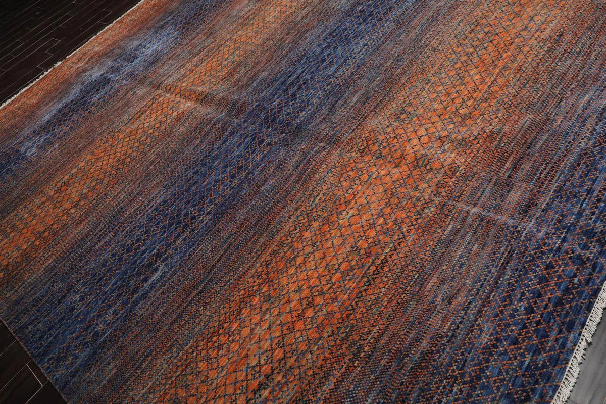 9’ x 12’ Hand Knotted 100% Wool Modern Grass Oriental Area Rug Orange, Navy