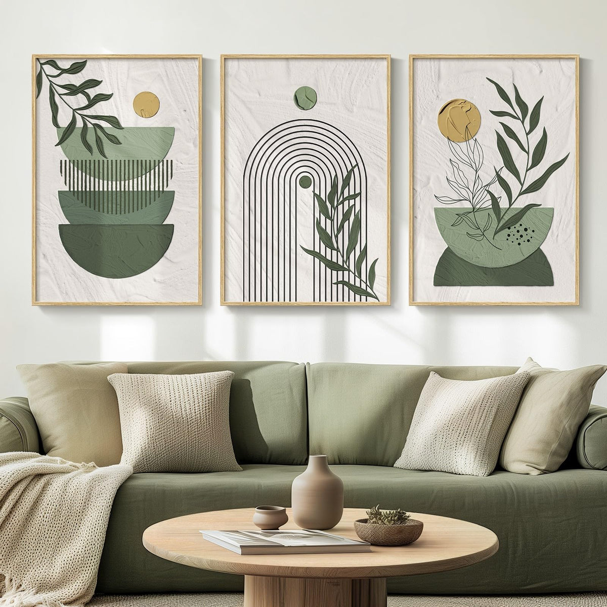 Sage Green Boho Framed Canvas Wall Art Set of 3 | 30" H x 60" W