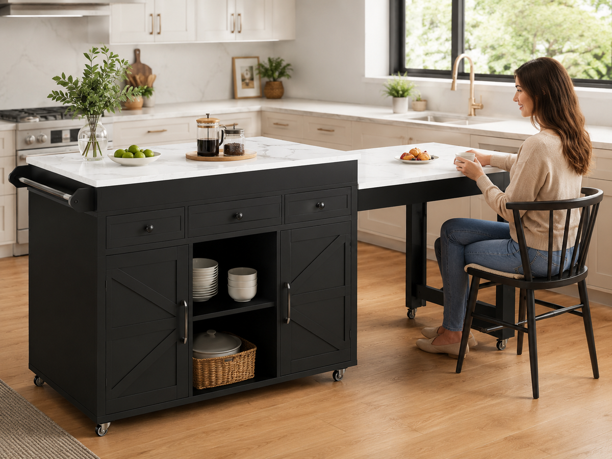74.8 Kitchen Island With Extendable Dining Table  Marble Veneer Top & Built-in Power Outlet - Mobile Storage Cart With 3 Drawers & Cabinet  Rolling Kitchen Cart For Dining Room  Black