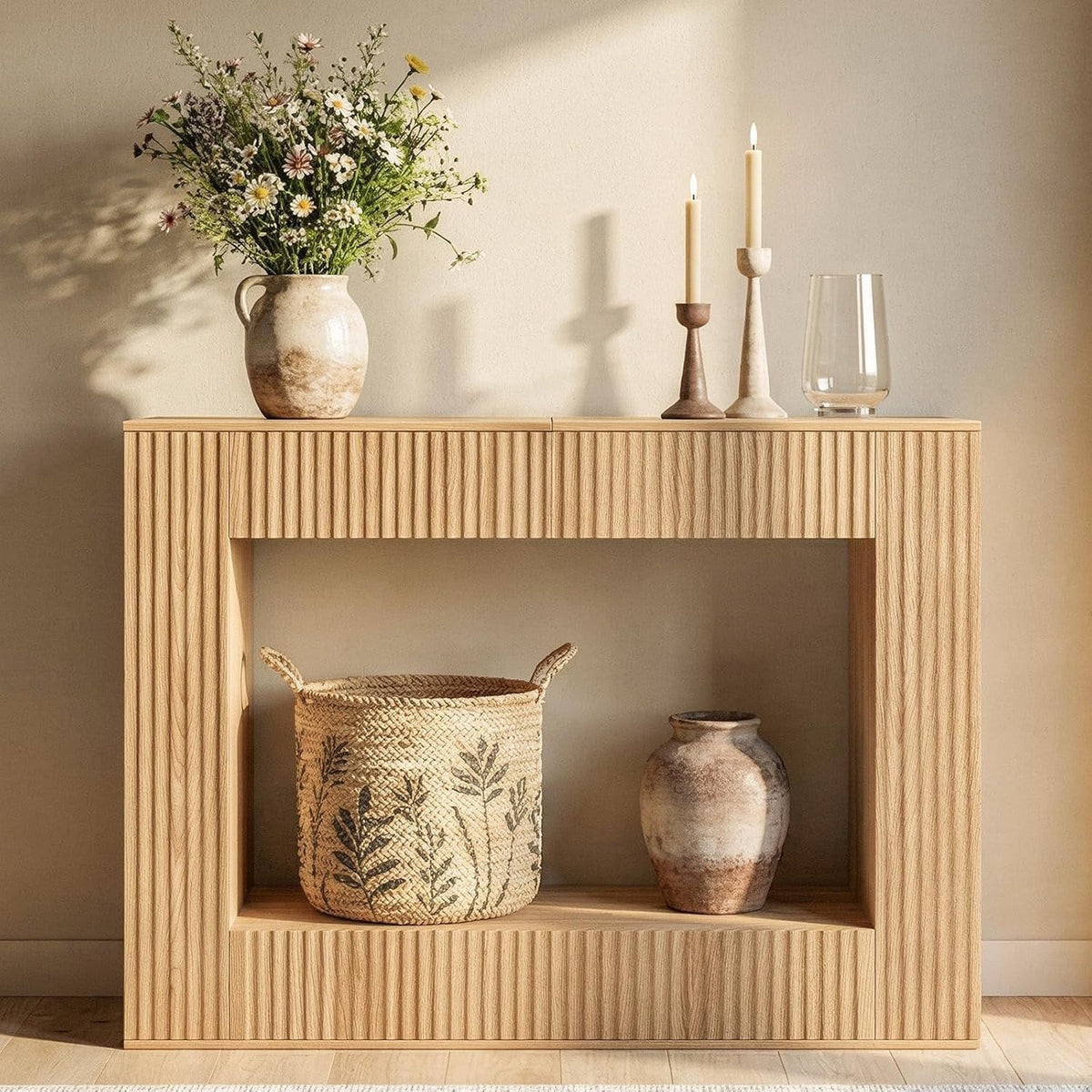 47.2" Fluted Entryway Console Table | Natural Wood Open Shelf