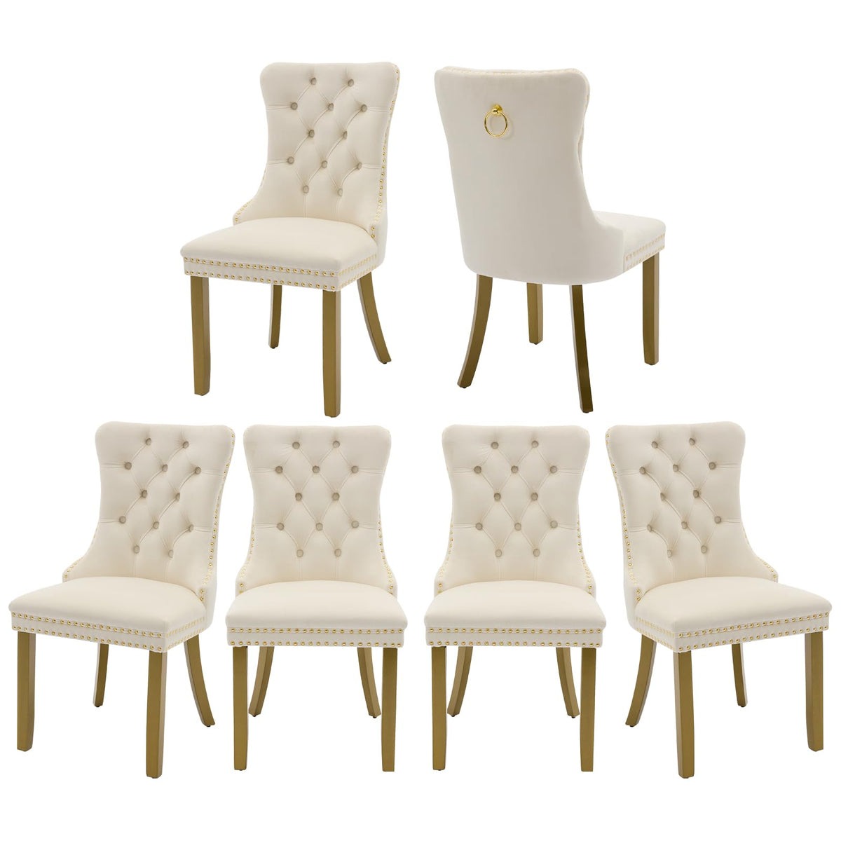 MZDOO Velvet Dining Chairs Set of 6 High-end Tufted Upholstered Dining Chair with Back Ring Pull Nailhead Trim and Golden Solid Wood Legs Modern Dining Room Chairs for Dining Room Cream