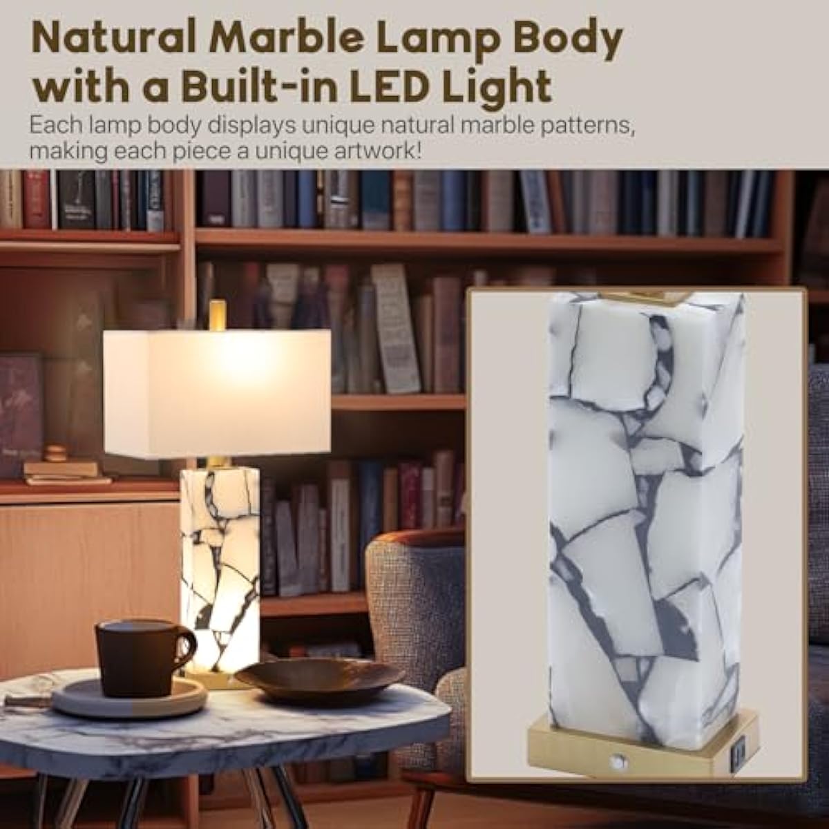 Set of 2 Natural Marble Table Lamps with USB Charging
