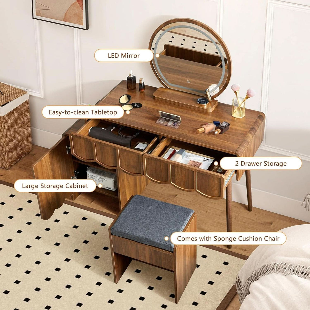 Walnut Wave Vanity Set with LED Mirror, Drawers & Cushioned Bench