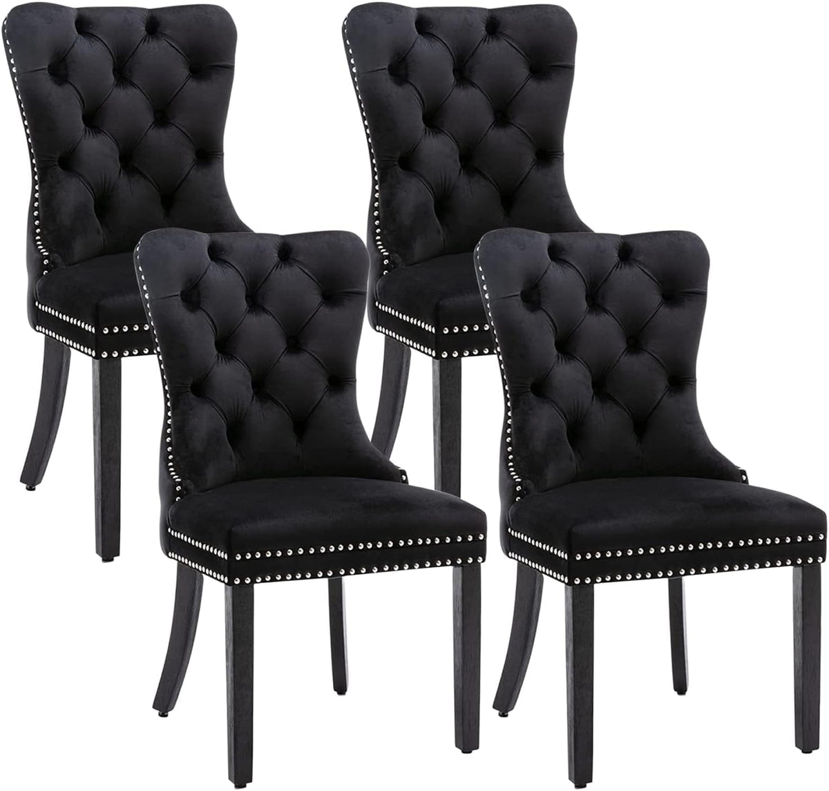 Eifizek Velvet Dining Chairs Set of 4 Tufted Dining Room Chairs with Nailhead Ring Pull Trim Upholstered Dining Chairs with Solid Wood Legs for Kitchen Dining Room (Black)
