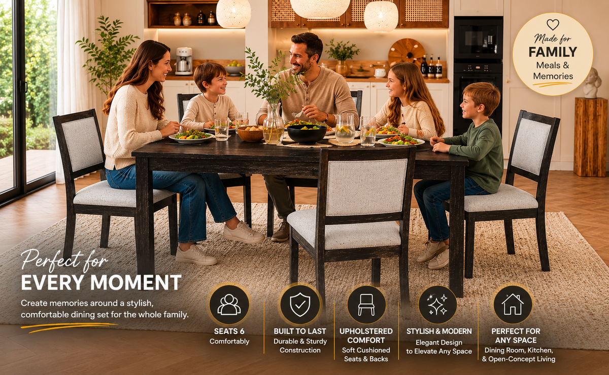 TREXM 7-Piece Dining Set for 6 – Espresso Table with Upholstered Chairs