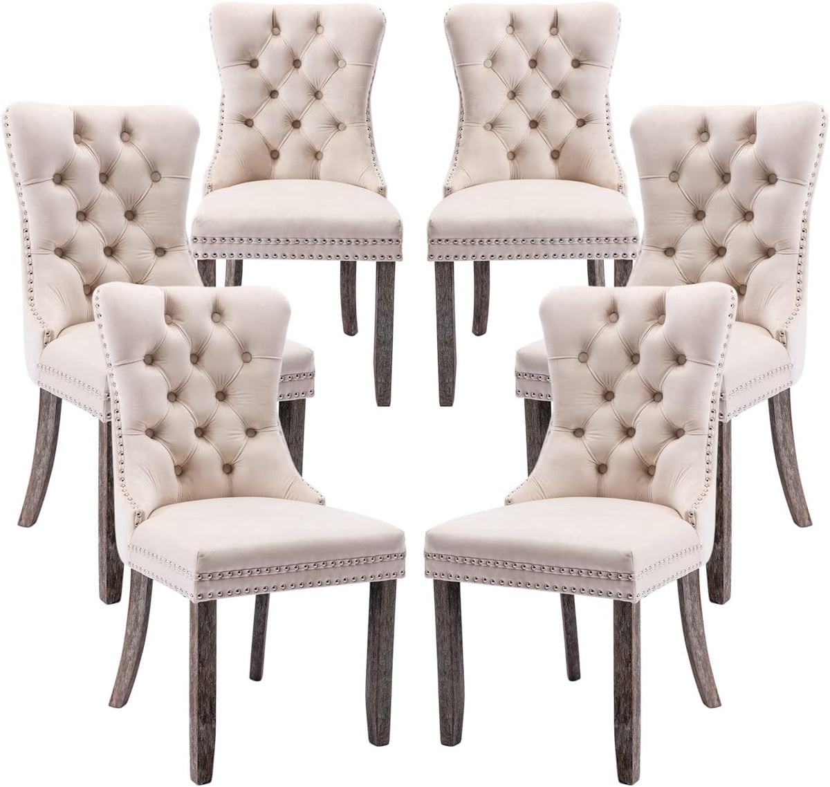 Velvet Dining Chairs Set of 6, Tufted Dining Room Chairs with Button Back, Nailhead Trim, Upholstered Dining Chairs for Kitchen, Bedroom, Restaurant (Beige)