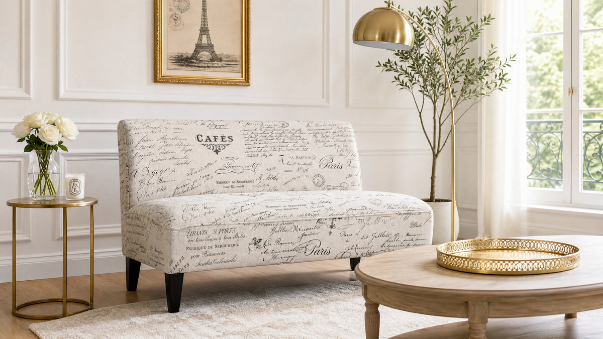 Modern Loveseat Sofa with Off-White Cursive Pattern Upholstery and Black Wood Legs