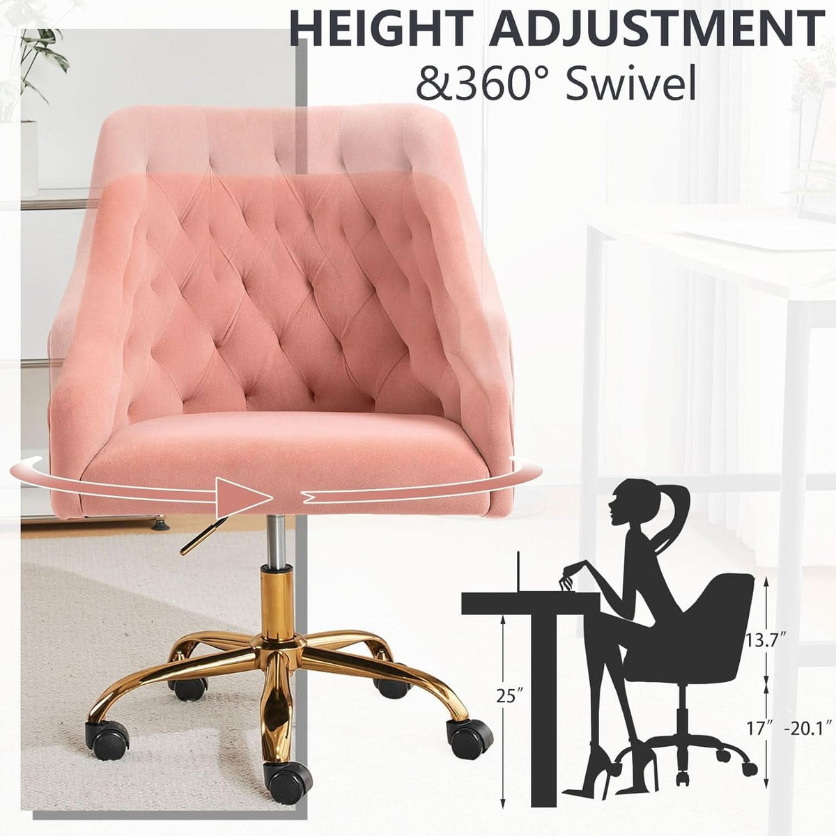 Pink Velvet Swivel Office Chair with Gold Base