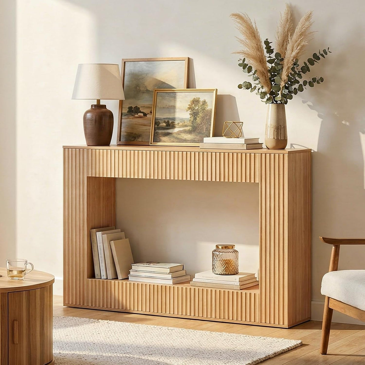 47.2" Fluted Entryway Console Table | Natural Wood Open Shelf