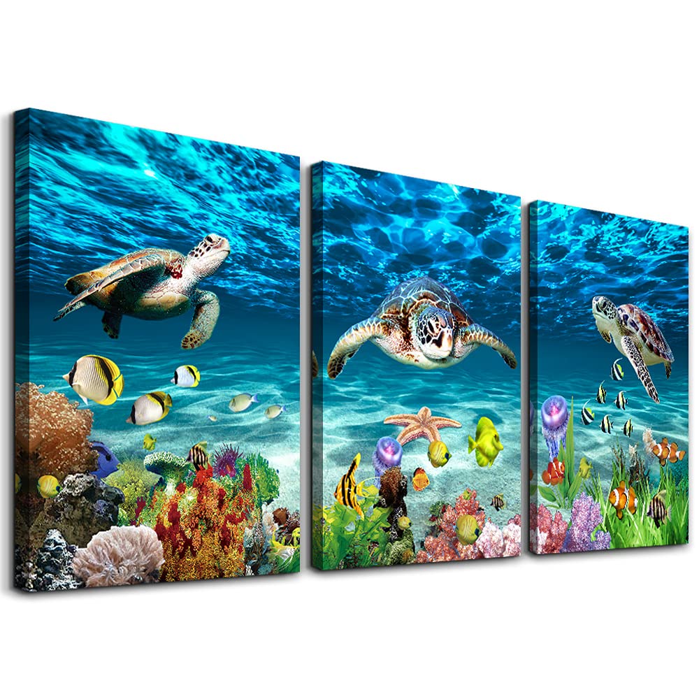 Ocean & Sea Turtle 3-Panel Canvas Wall Art