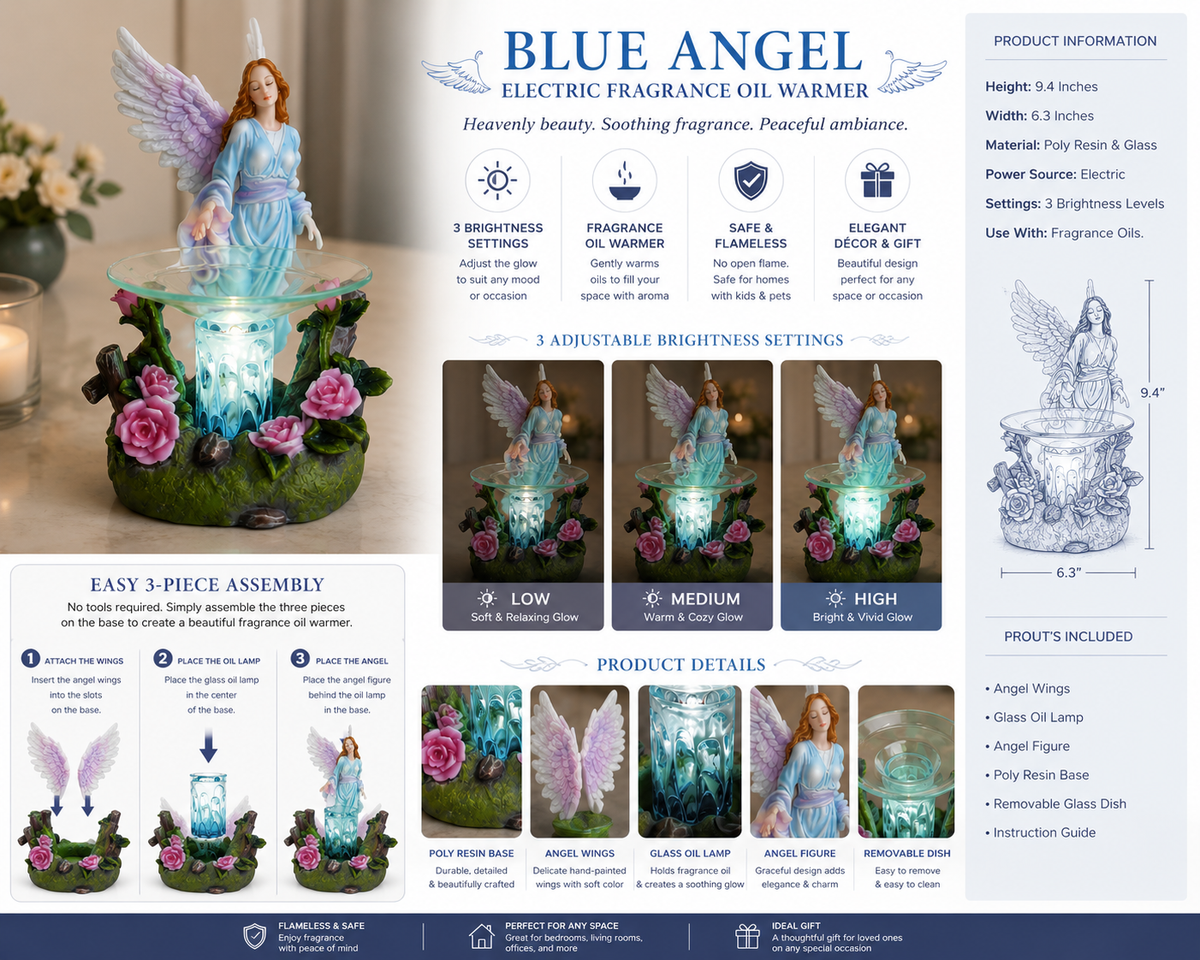 Blue Angel Poly Resin Electric Fragrance Oil Warmer with 3 Brightness Settings