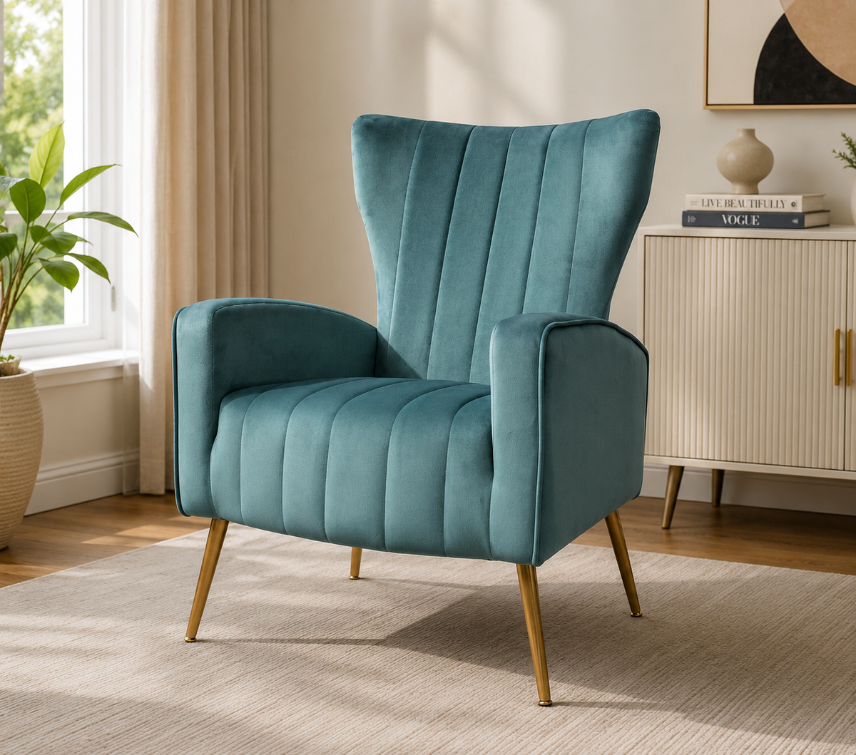 Blue Gray Velvet Accent Chair with Metal Legs