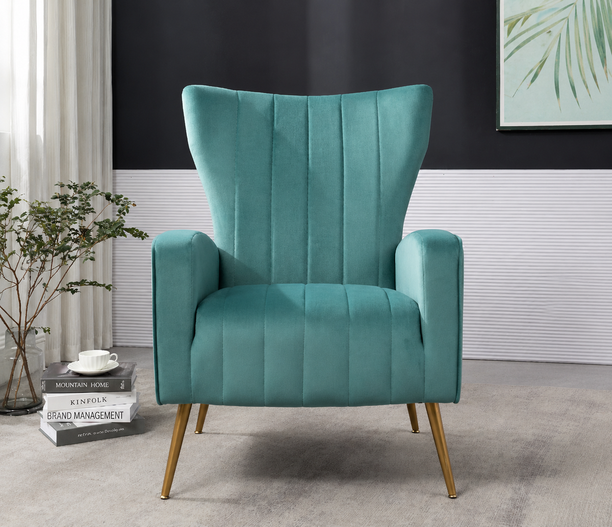Blue Gray Velvet Accent Chair with Metal Legs