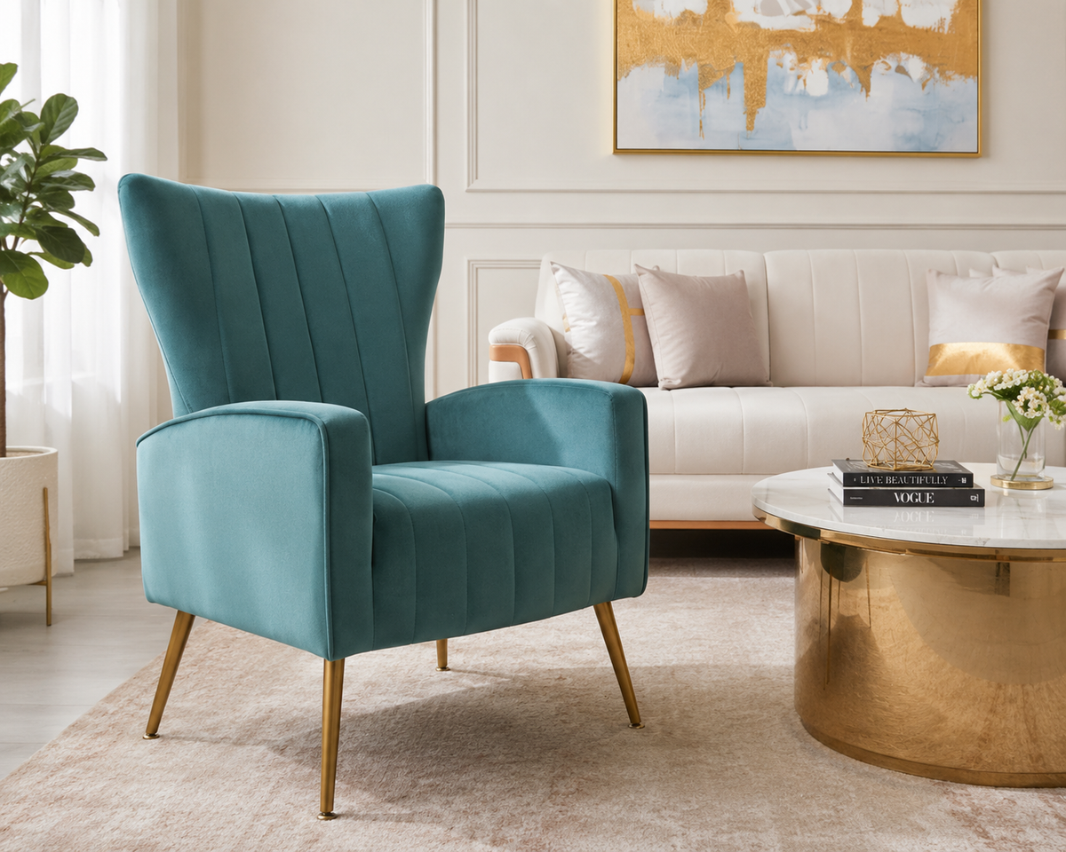 Blue Gray Velvet Accent Chair with Metal Legs