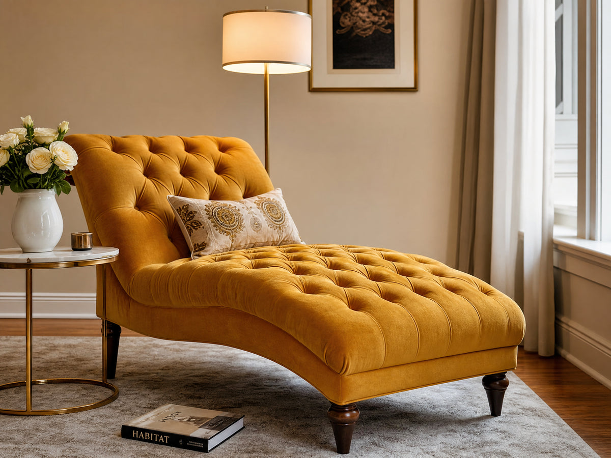 Mustard Velvet Chaise Lounge Chair Button Tufted lifestyle room scene