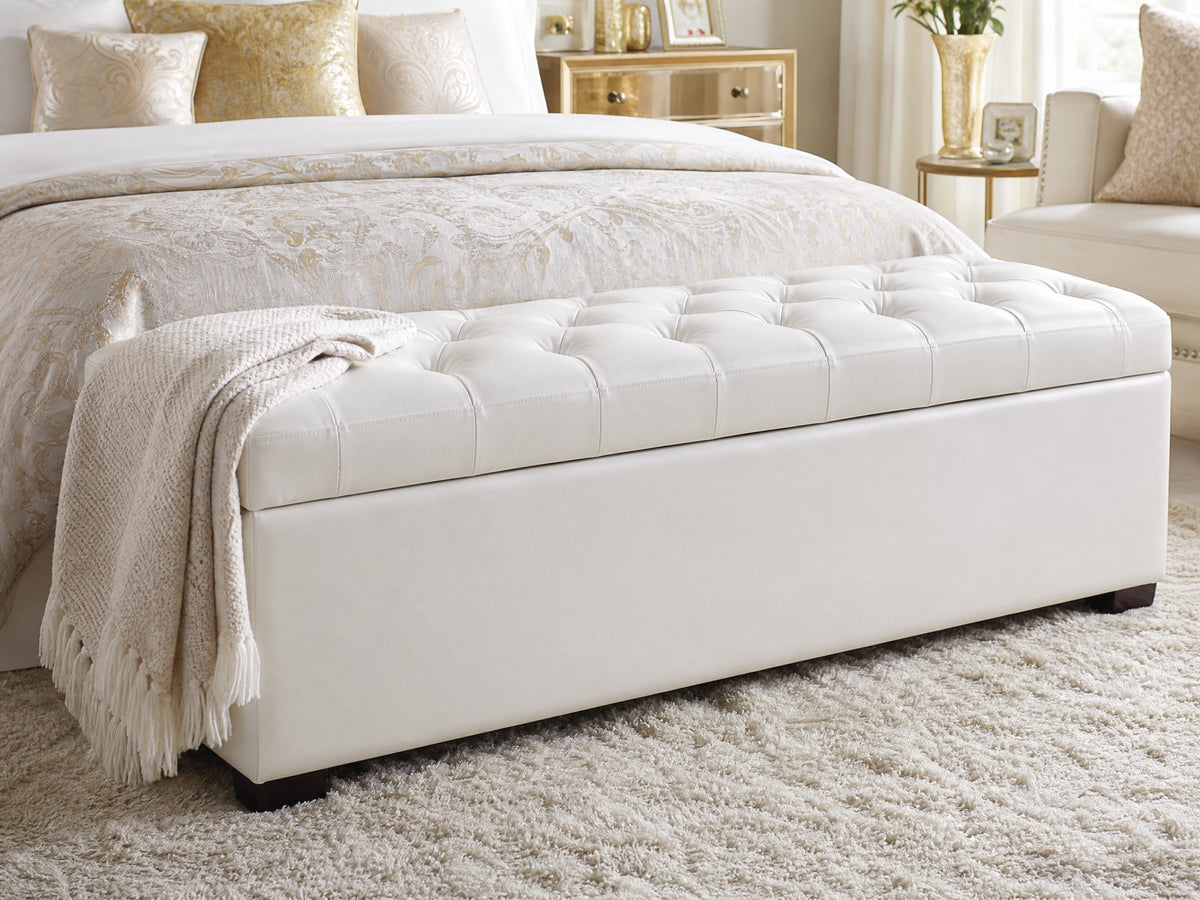 White Tufted Faux Leather Storage Ottoman Bench lifestyle room scene
