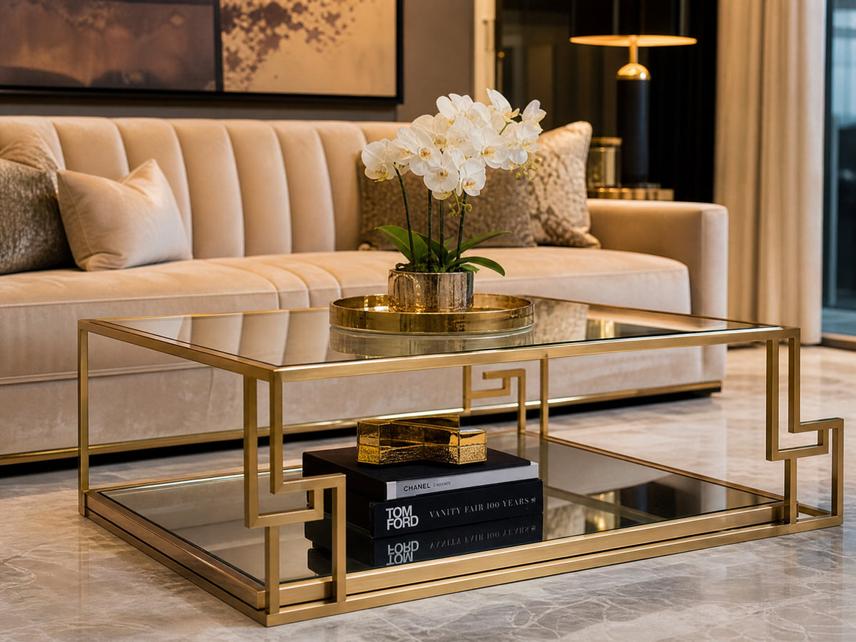 Square Glass Coffee Table with Geometric Gold Frame lifestyle room scene