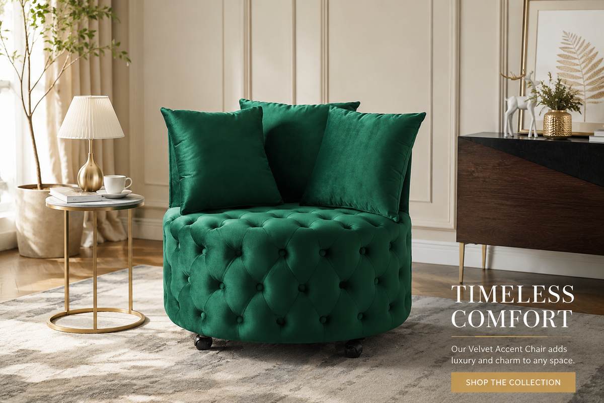 Green Velvet Swivel Accent Chair with Wheels & 3 Pillows | Button-Tufted Lounge Chair