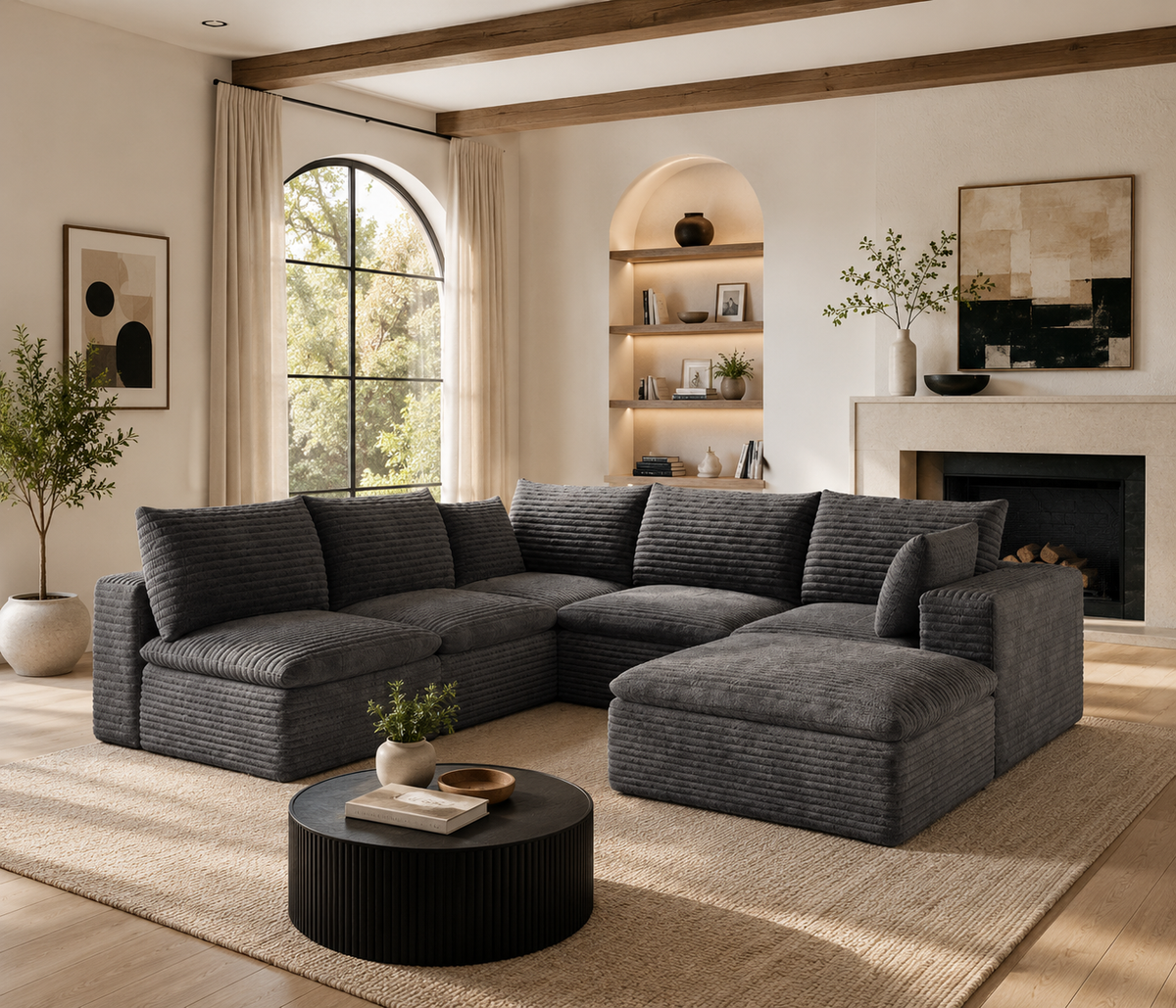 6-Seat Dark Grey Corduroy Cloud Sofa – Modular Deep Seat Sectional Couch