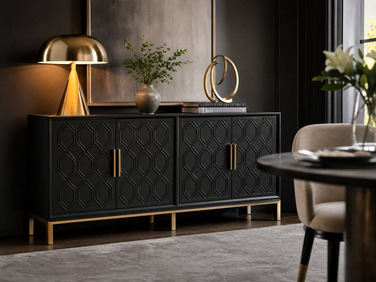 Modern Black Accent Cabinet with Embossed Geometric Doors lifestyle room scene