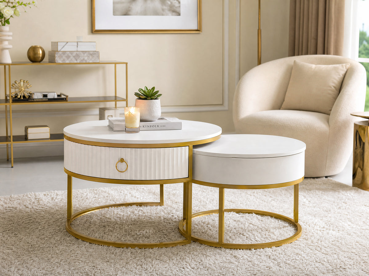 Modern 2-Piece Round Nesting Coffee Table Set styled in a living room
