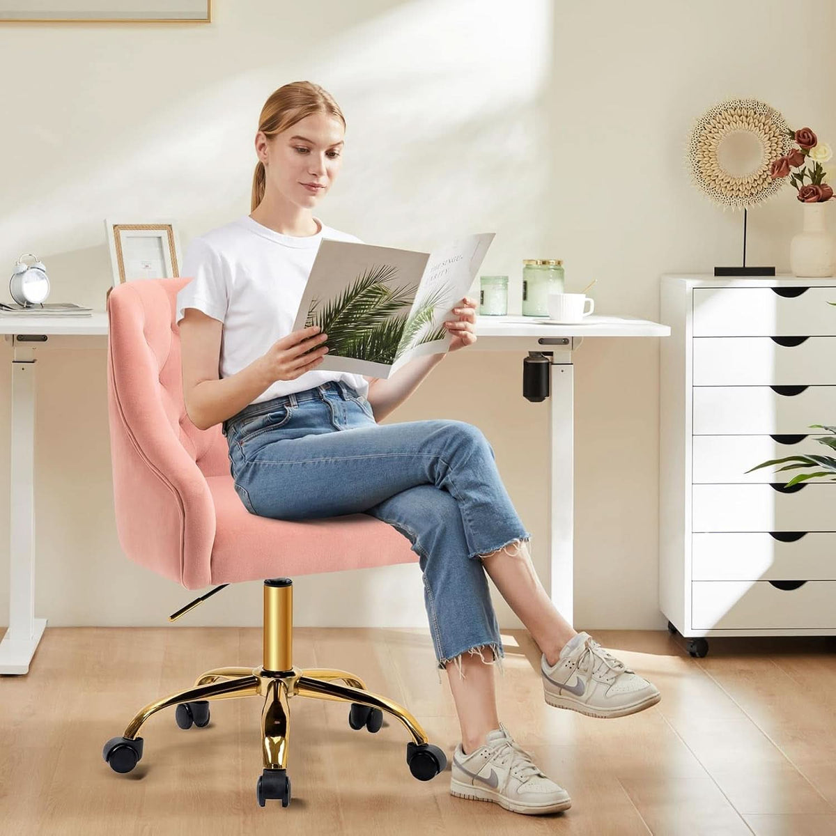 Pink Velvet Swivel Office Chair with Gold Base