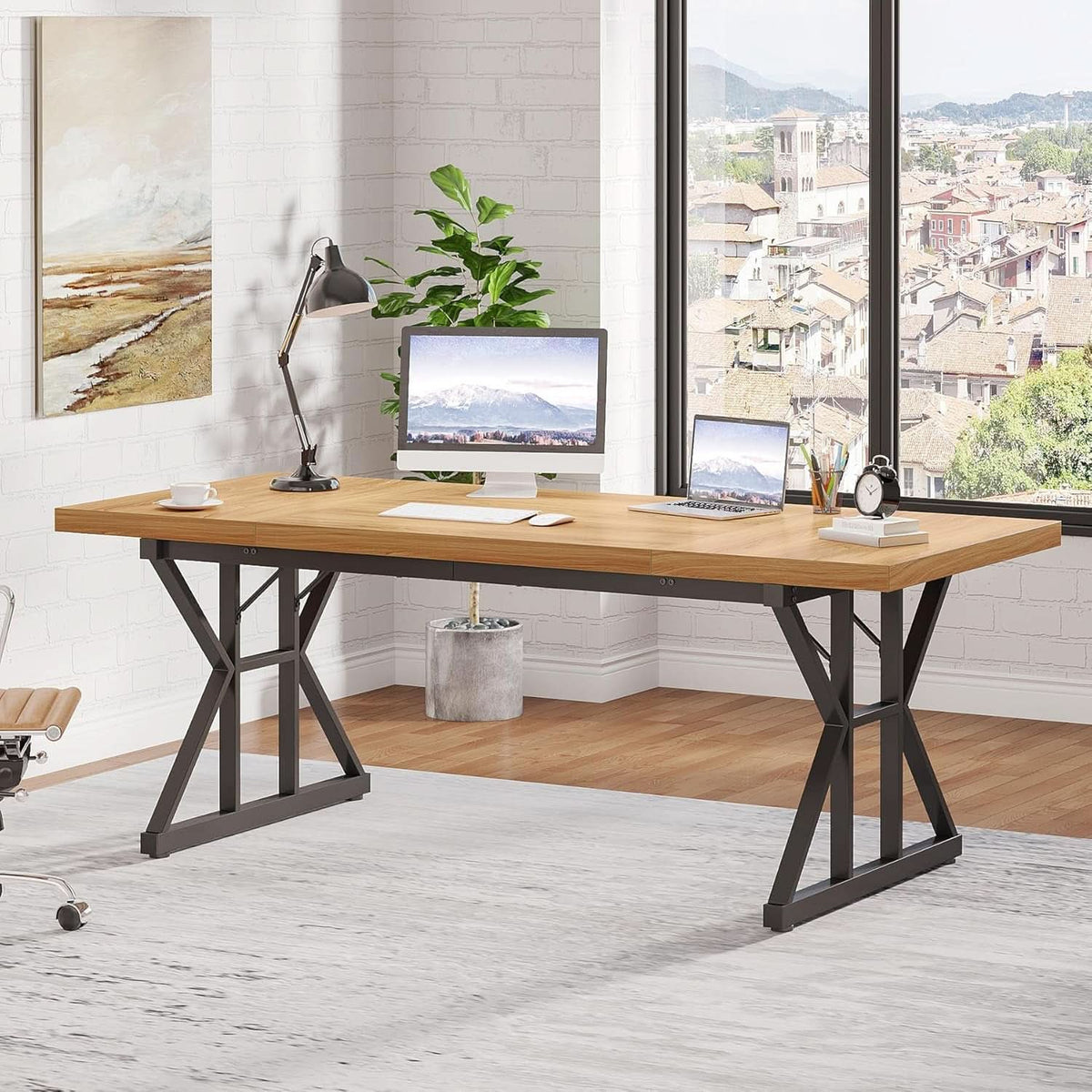 Executive Writing Desk 70.8" — Light Walnut & Black