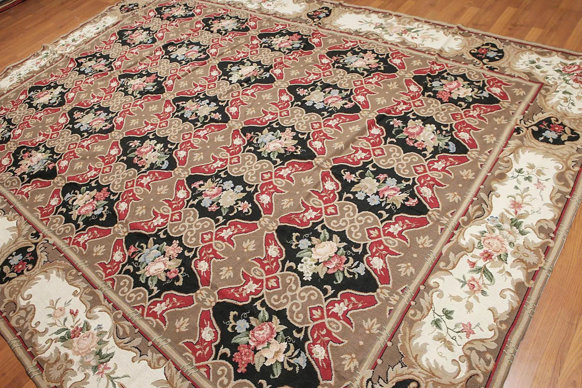 9x12 Brown Hand woven Wool French Flatweave Needlepoint Oriental Area Rug