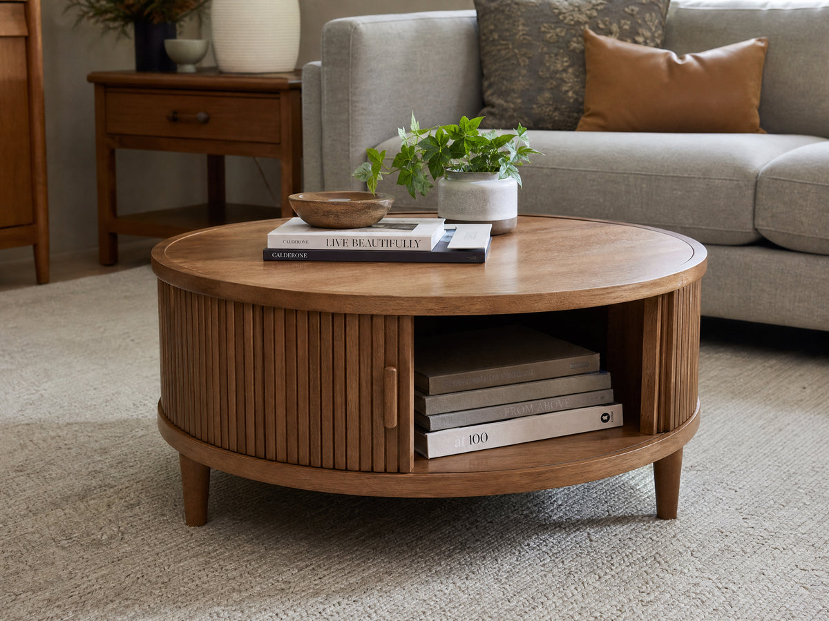 Round Coffee Table with Sliding Doors lifestyle room scene