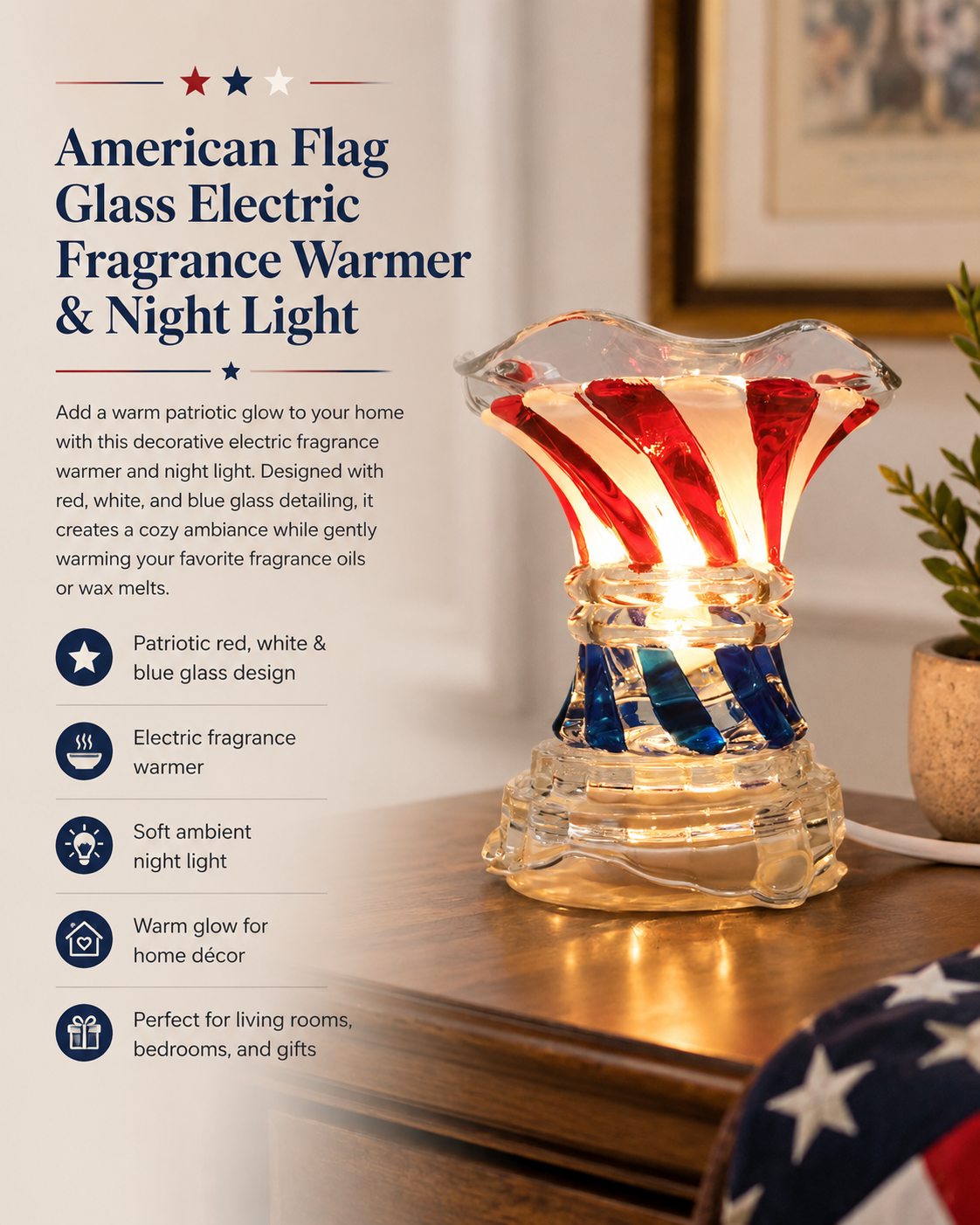 American Flag Glass Electric Fragrance Oil Warmer & Night Light