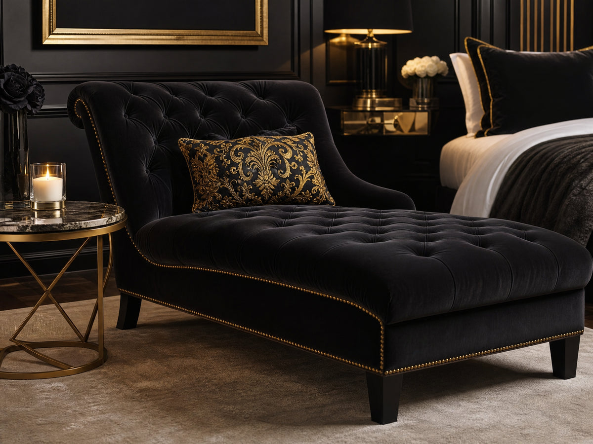Luxury Black Velvet Chaise Lounge Chair Button-Tufted lifestyle room scene