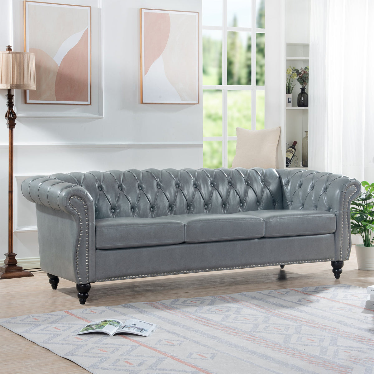 Rolled Arm Chesterfield 3-Seater Sofa — Grey PU Leather