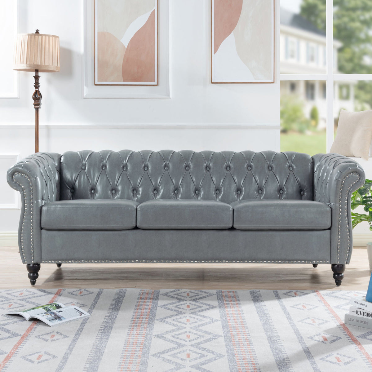 Rolled Arm Chesterfield 3-Seater Sofa — Grey PU Leather