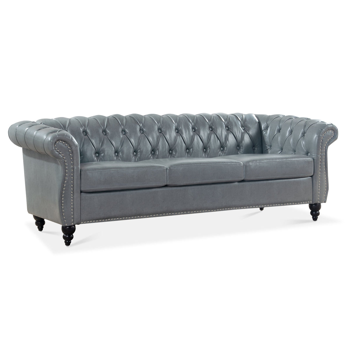 Rolled Arm Chesterfield 3-Seater Sofa — Grey PU Leather