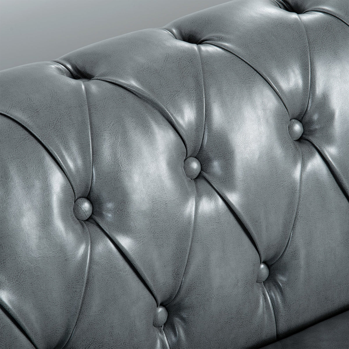 Rolled Arm Chesterfield 3-Seater Sofa — Grey PU Leather