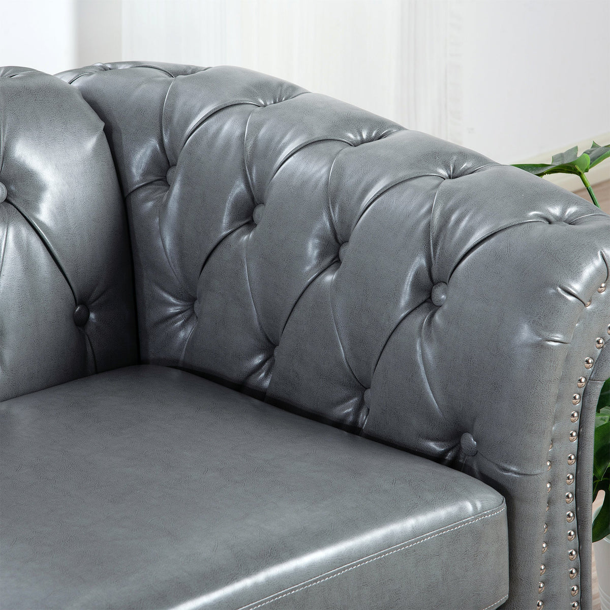 Rolled Arm Chesterfield 3-Seater Sofa — Grey PU Leather
