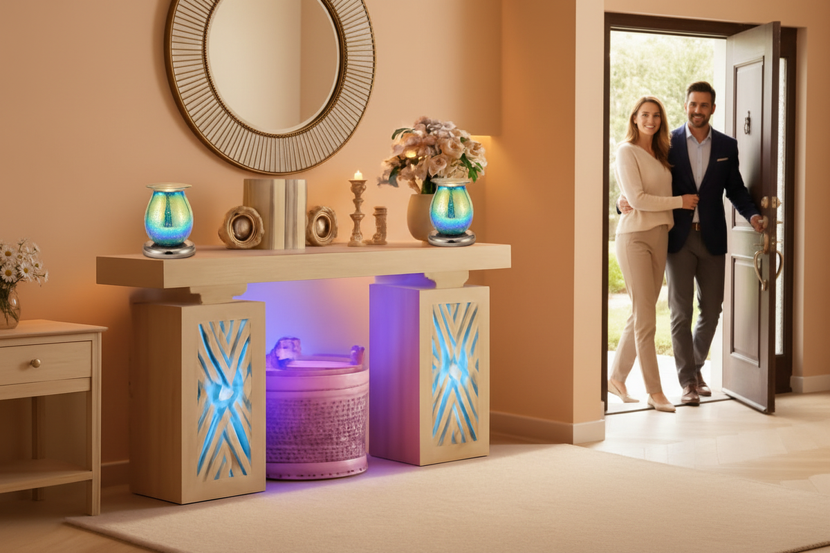Entryway Console Table with Blue Oil Lamps & People Entering