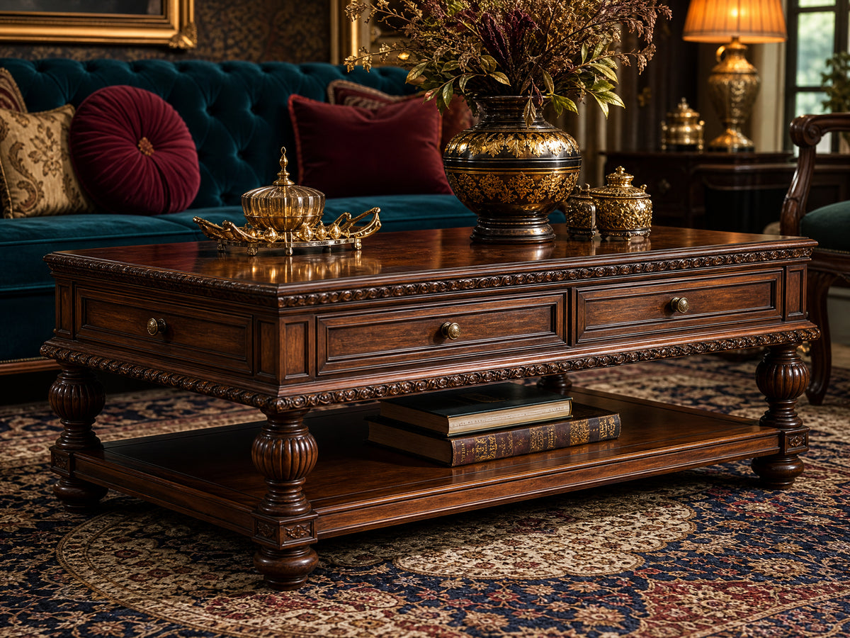 Carved Wooden Coffee Table Retro Palace Style lifestyle room scene