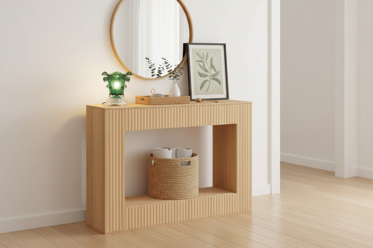 Fluted Console Table with Green Oil Warmer Ad Scene