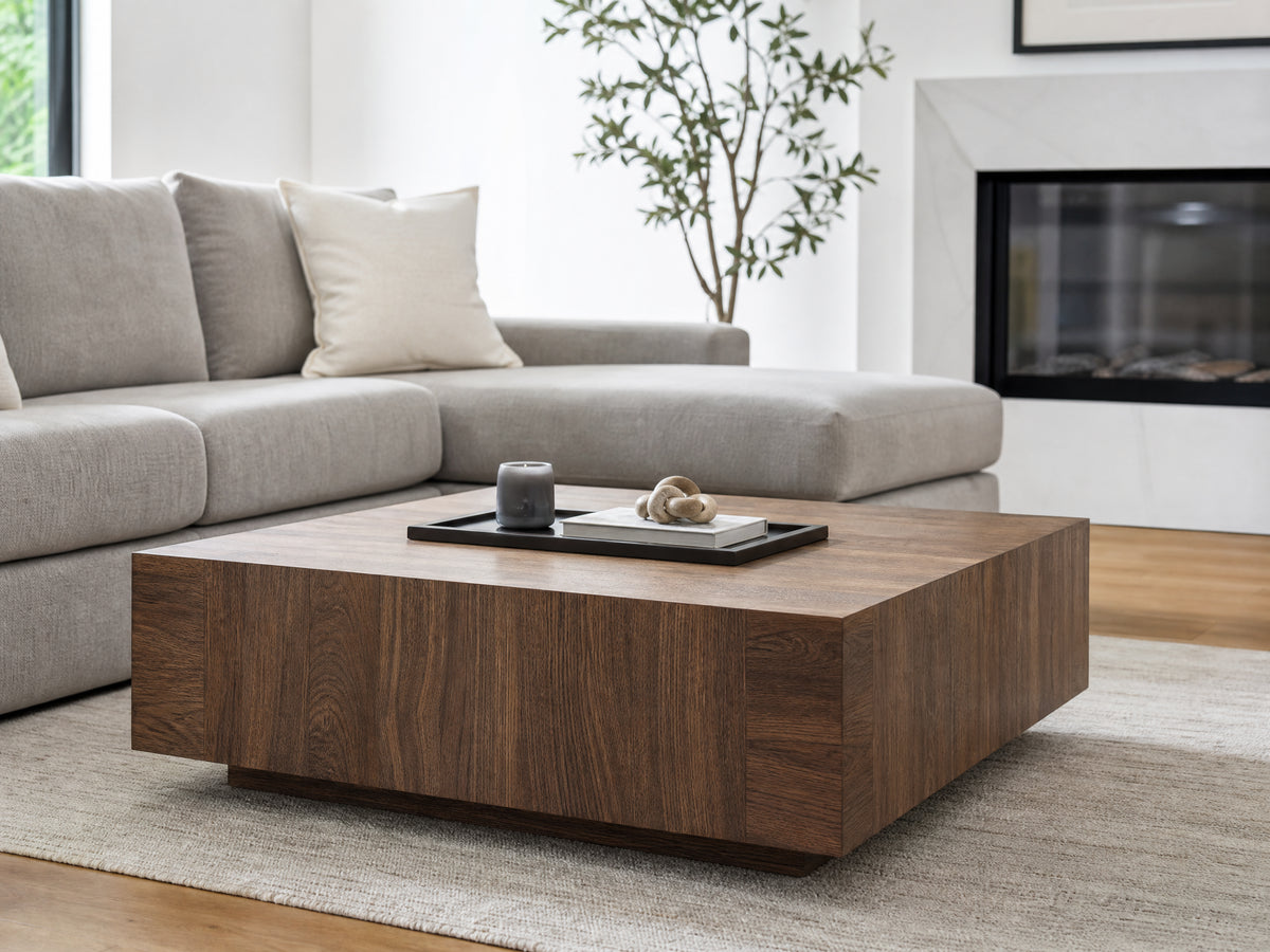 Modern Square Coffee Table Handcrafted Wood Veneer lifestyle room scene