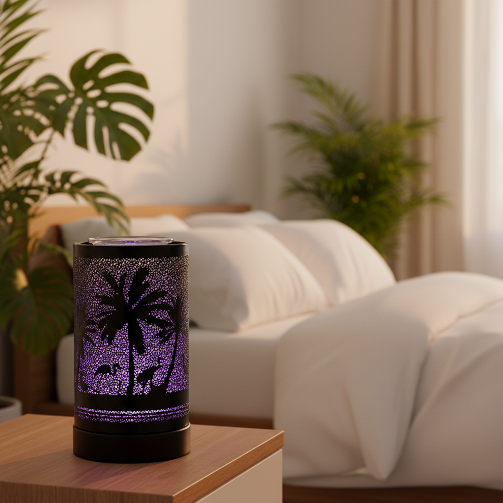 Palm Tree LED Warmer on bedroom nightstand