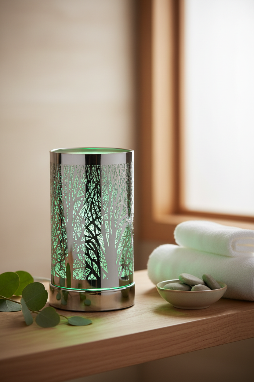Silver Tree LED Oil Burner glowing green in zen spa bathroom
