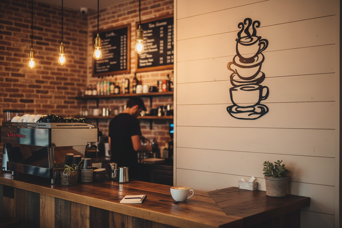 Black metal coffee cup wall art in a cozy coffee shop