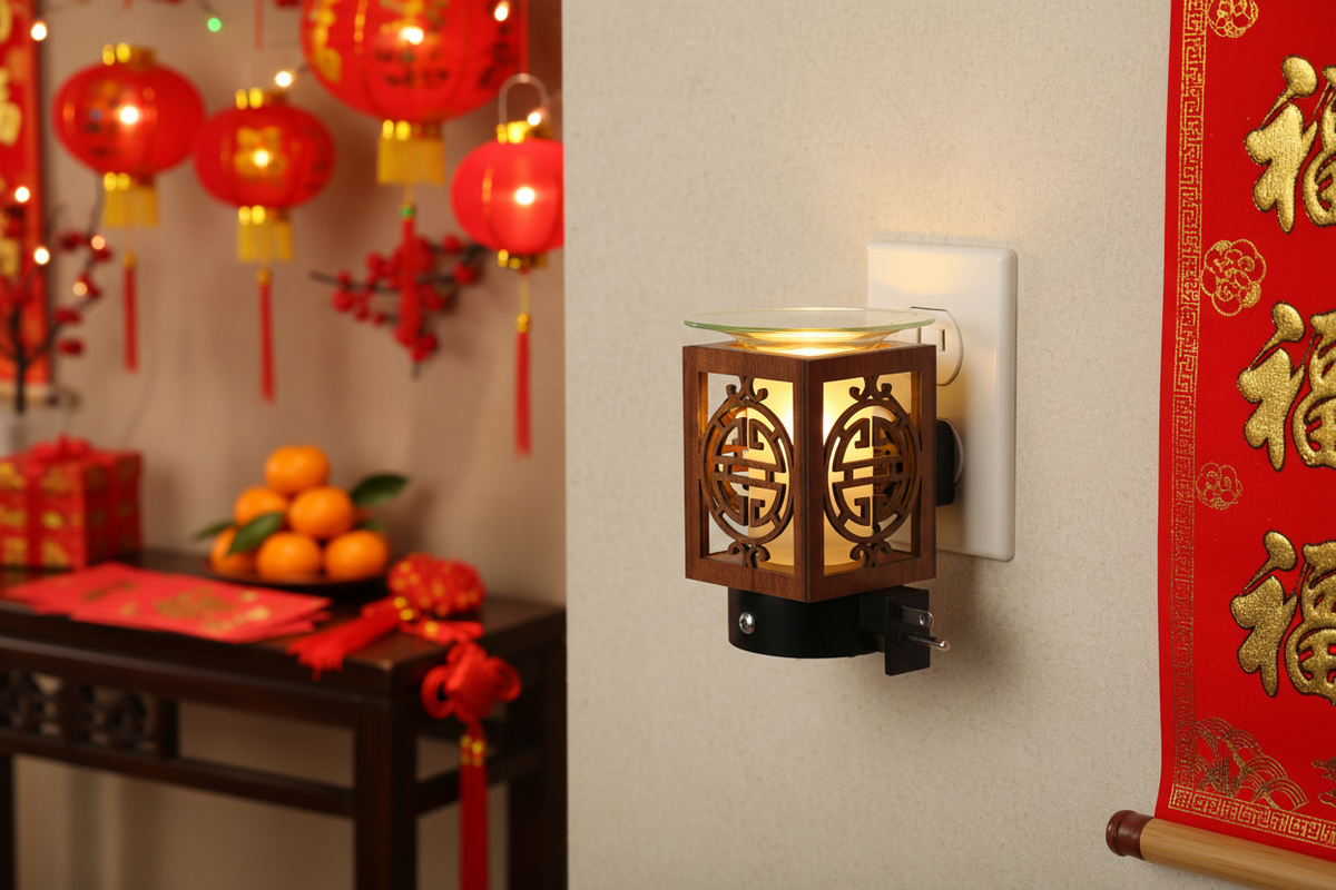 Antique round wood wall plug-in oil warmer in Chinese New Year celebration setting glowing festive