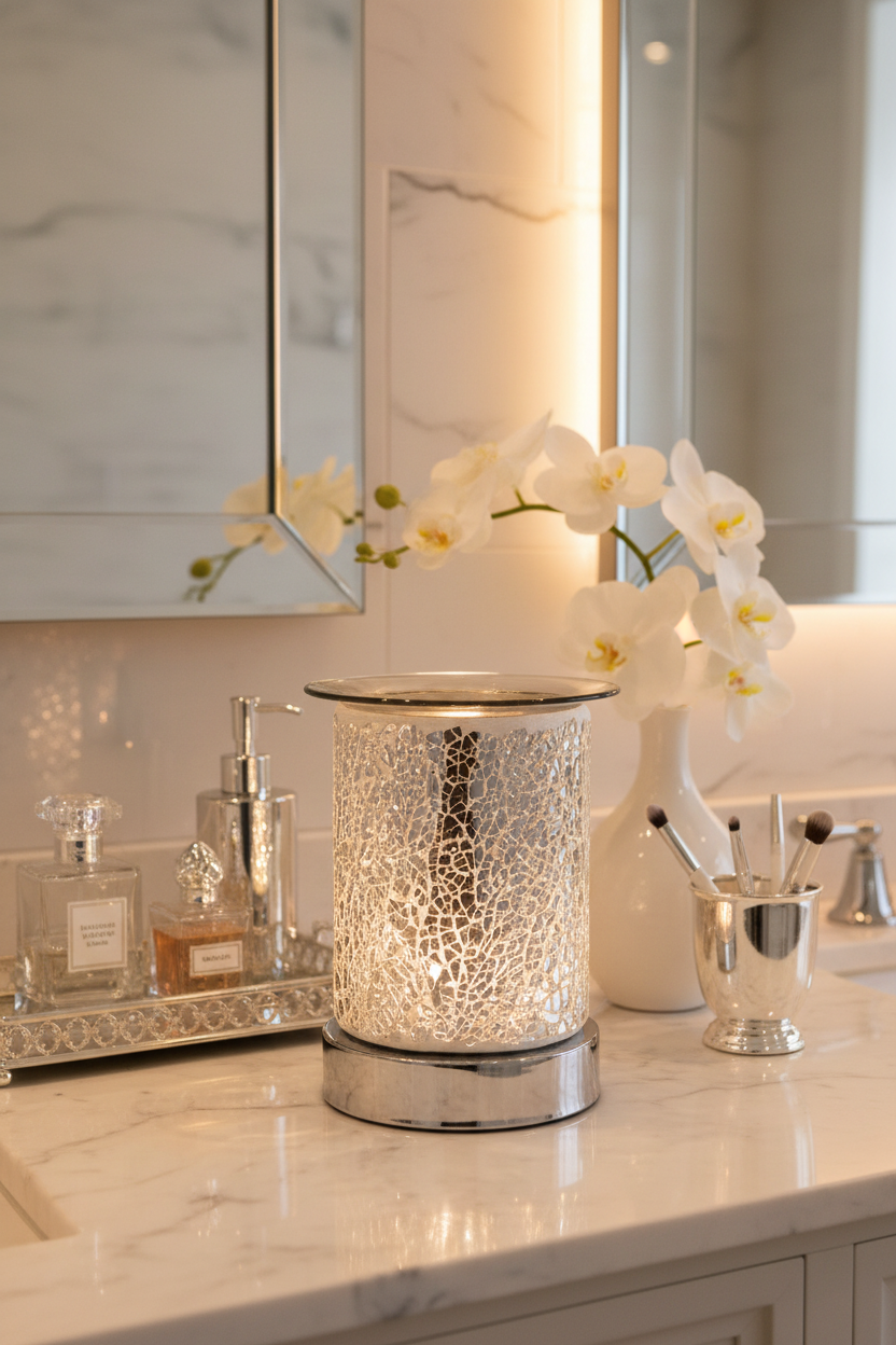 Crackle Glass Oil Burner on marble bathroom vanity