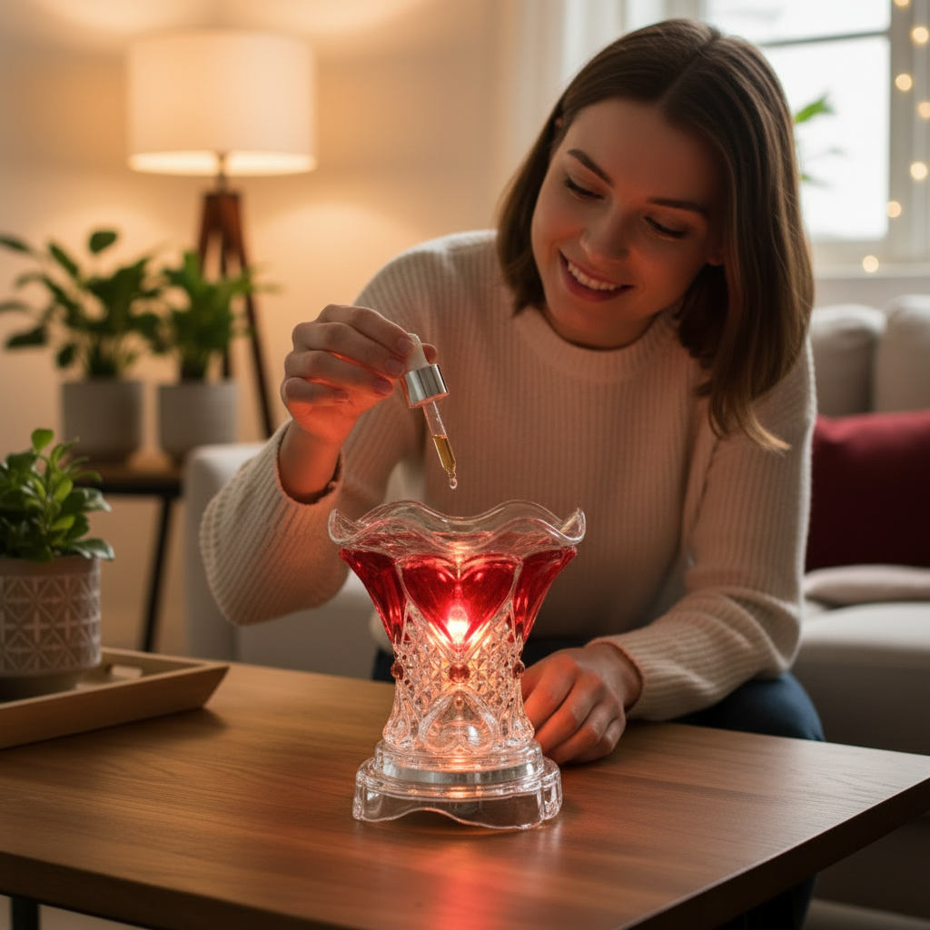Crystal Heart Warmer - Person pouring oil in casual living room