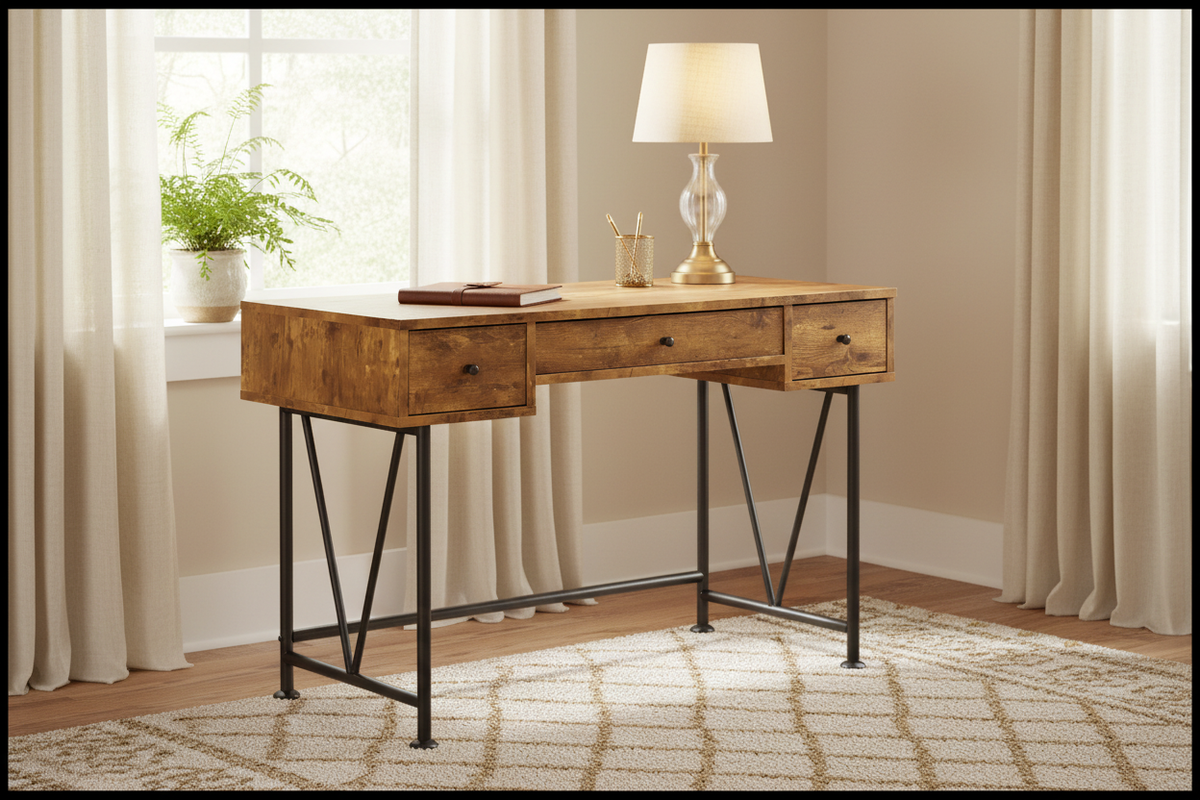 Rustic farmhouse writing desk styled in a cozy home office with warm lamp and potted plant